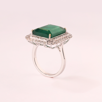 Emerald Octogon Ring with Diamond Double Halo