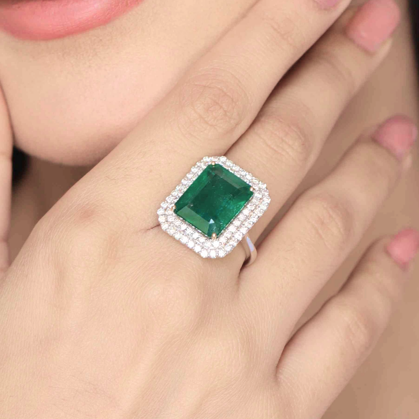 Emerald Octogon Ring with Diamond Double Halo